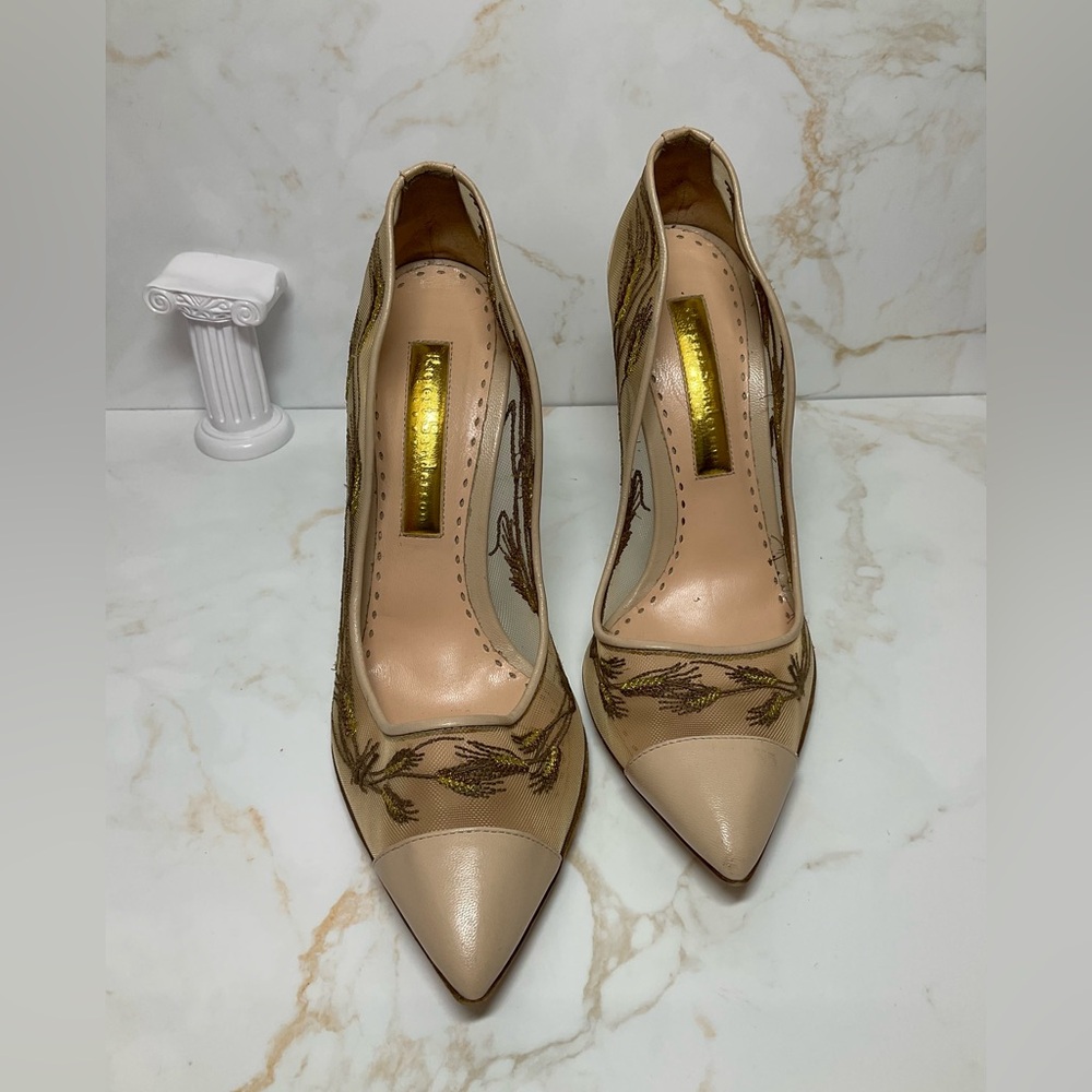 RUPERT SANDERSON Gold Oat Embroidered Nude Mesh Pumps